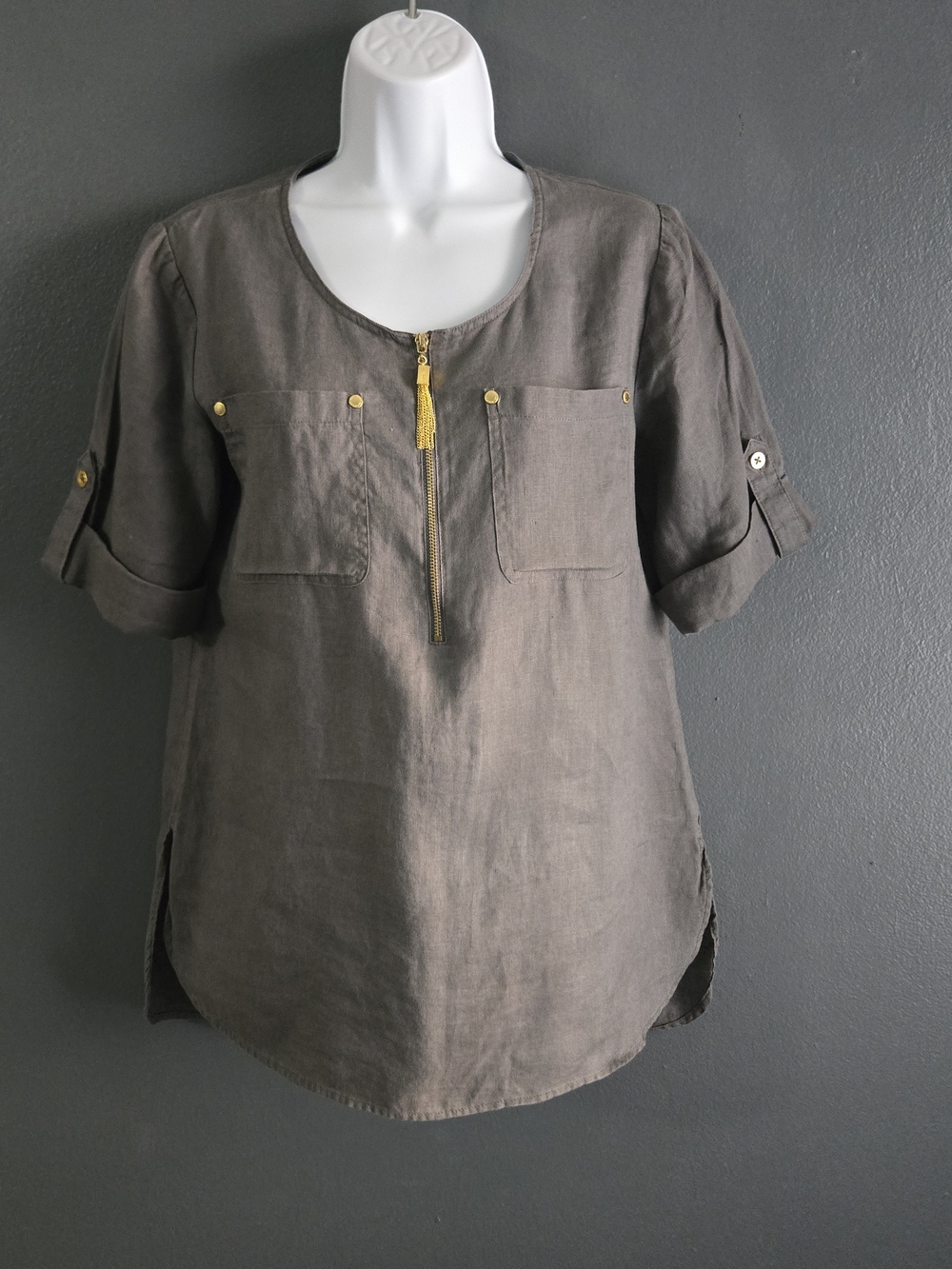Ellen Tracy Gray Linen Half Zip Modern Utility Minimalist Tunic Top Small
